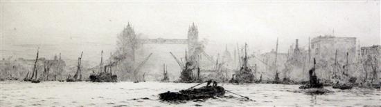 William Lionel Wyllie (1851-1931) Tower Bridge from down river with Colonial Wharf, 4 x 13.75in.